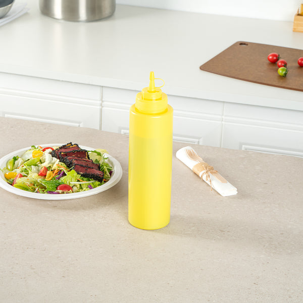Restaurantware Sauce Tek 32 Oz Yellow Plastic Squeeze Bottle - With Cap Wide Mouth - 3" X 3" X 11 1/2" - 1 Count Box