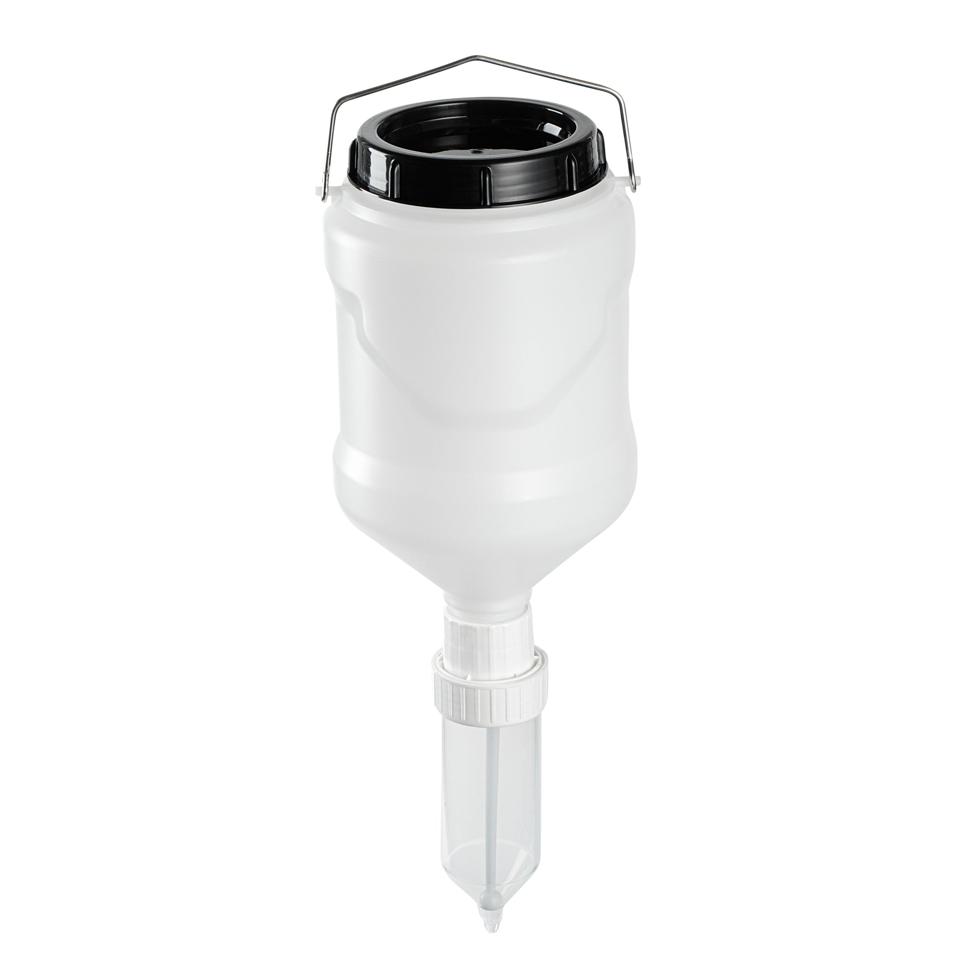 restaurantware Sauce Tek 3L Plastic Hanging Bottle Condiment Pump Dispenser - with Squeeze Nozzle - 6" x 6" x 16 3/4" - 1 count box