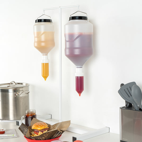 Restaurantware Sauce Tek 5L Plastic Hanging Bottle Condiment Pump Dispenser - With Squeeze Nozzle - 7 1/4" X 7 1/4" X 19 1/2" - 1 Count Box