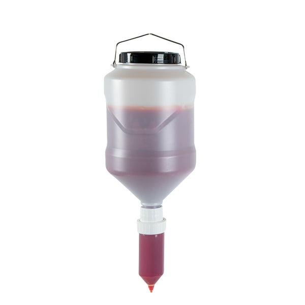 Restaurantware Sauce Tek 5L Plastic Hanging Bottle Condiment Pump Dispenser - With Squeeze Nozzle - 7 1/4" X 7 1/4" X 19 1/2" - 1 Count Box