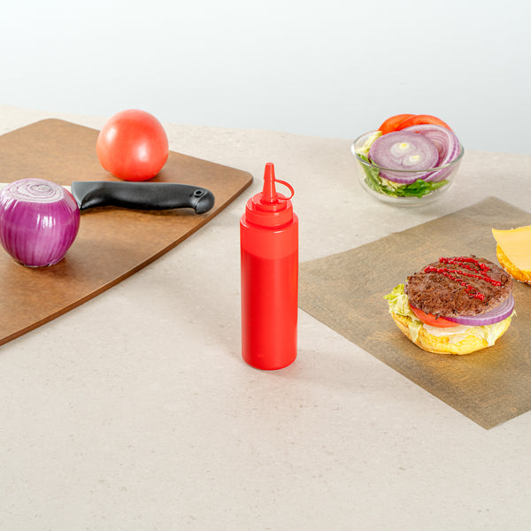 Restaurantware Sauce Tek 8 Oz Red Plastic Squeeze Bottle - With Cap Wide Mouth - 2" X 2" X 7 1/4" - 1 Count Box