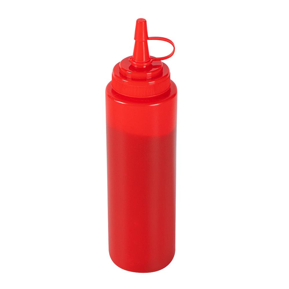 restaurantware Sauce Tek 8 oz Red Plastic Squeeze Bottle - with Cap Wide Mouth - 2" x 2" x 7 1/4" - 1 count box