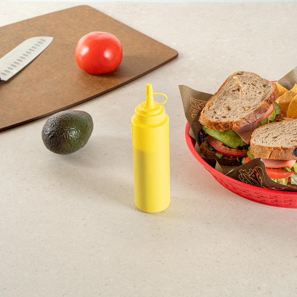 Restaurantware Sauce Tek 8 Oz Yellow Plastic Squeeze Bottle - With Cap Wide Mouth - 2" X 2" X 7 1/4" - 1 Count Box
