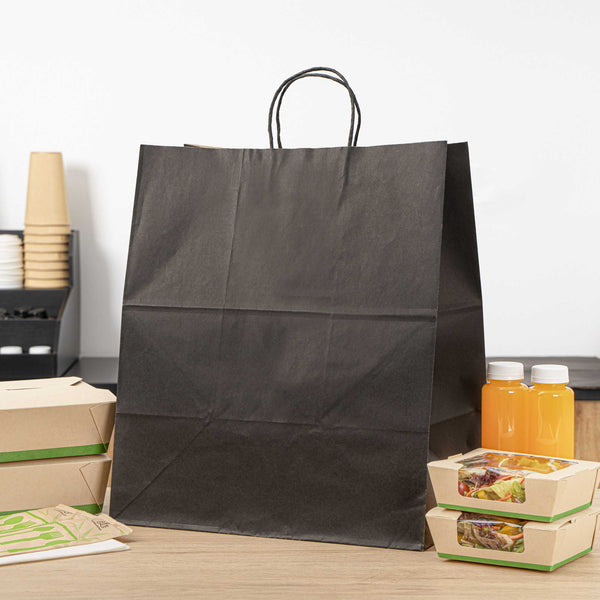 Restaurantware Saving Nature Black Paper Large Retail Bag - With Handles - 16" X 9 3/4" X 17 1/4" - 100 Count Box