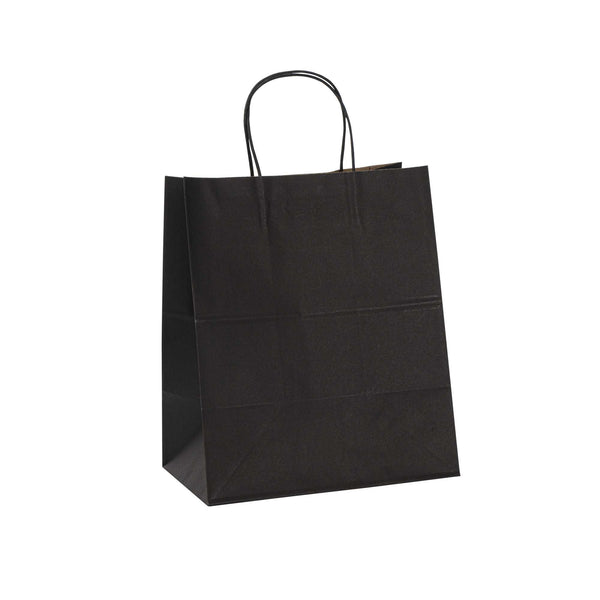Restaurantware Saving Nature Black Paper Medium Retail Bag - With Handles - 10" X 6 3/4" X 12" - 100 Count Box