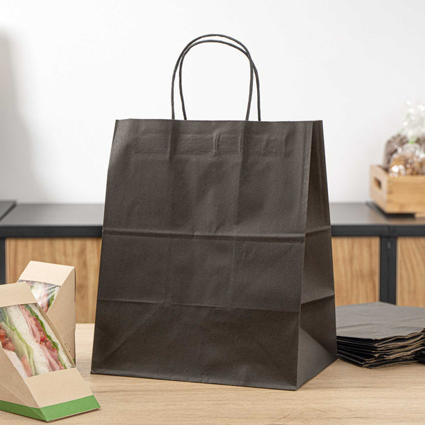Restaurantware Saving Nature Black Paper Medium Retail Bag - With Handles - 10" X 6 3/4" X 12" - 100 Count Box