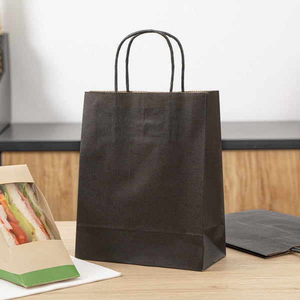 Restaurantware Saving Nature Black Paper Retail Bag - With Handles - 7" X 3 1/4" X 8 1/2" - 100 Count Box