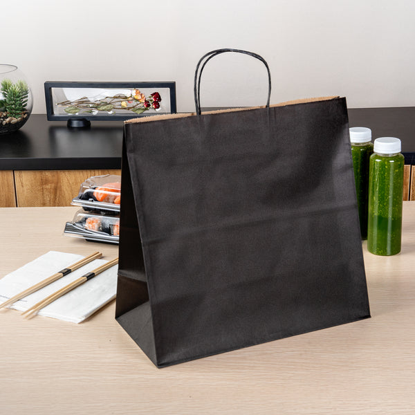 Restaurantware Saving Nature Black Paper Retail Bag - With Handles - 12 1/2" X 6 1/4" X 12 1/4" - 100 Count Box