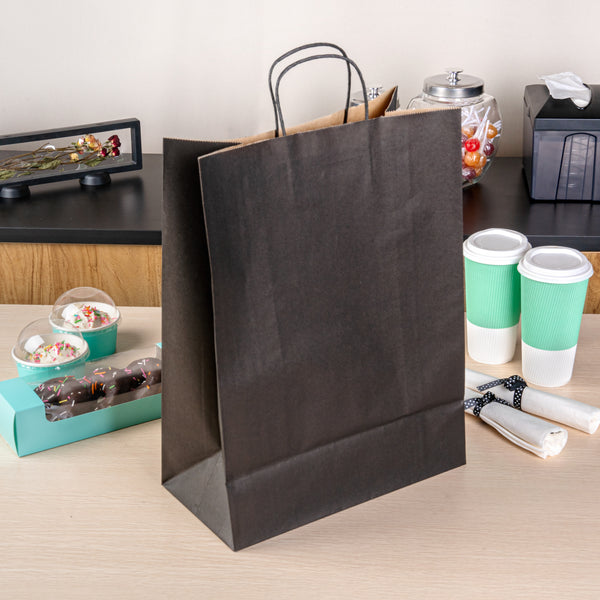Restaurantware Saving Nature Black Paper Retail Bag - With Handles - 12 1/2" X 6 1/4" X 17" - 100 Count Box