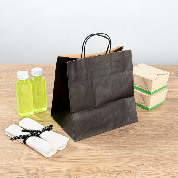 Restaurantware Saving Nature Black Paper Retail Bag - With Handles - 10 1/4" X 7 3/4" X 10 1/2" - 100 Count Box