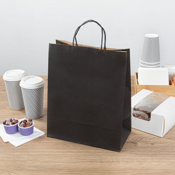Restaurantware Saving Nature Black Paper Retail Bag - With Handles - 10 1/4" X 5 1/2" X 12 1/2" - 100 Count Box