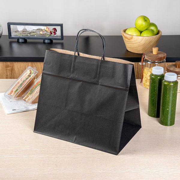 Restaurantware Saving Nature Black Paper Retail Bag - With Handles - 12 1/2" X 8 1/4" X 11 1/4" - 100 Count Box