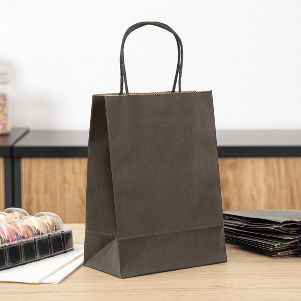 Restaurantware Saving Nature Black Paper Small Retail Bag - With Handles - 6" X 3 1/4" X 8 1/4" - 100 Count Box