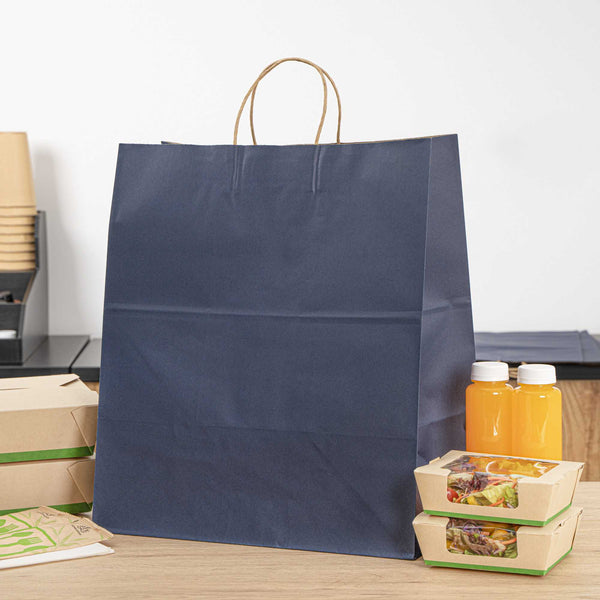 Restaurantware Saving Nature Dark Blue Paper Large Retail Bag - With Handles - 16" X 9 3/4" X 17 1/4" - 100 Count Box