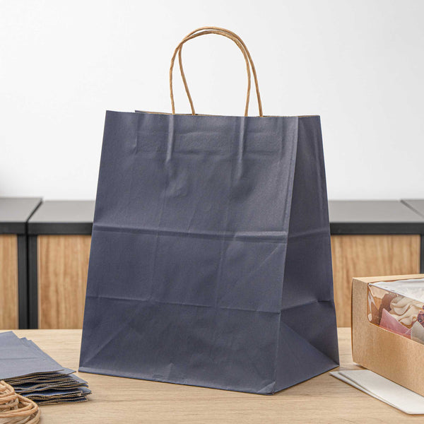 Restaurantware Saving Nature Dark Blue Paper Medium Retail Bag - With Handles - 10" X 6 3/4" X 12" - 100 Count Box