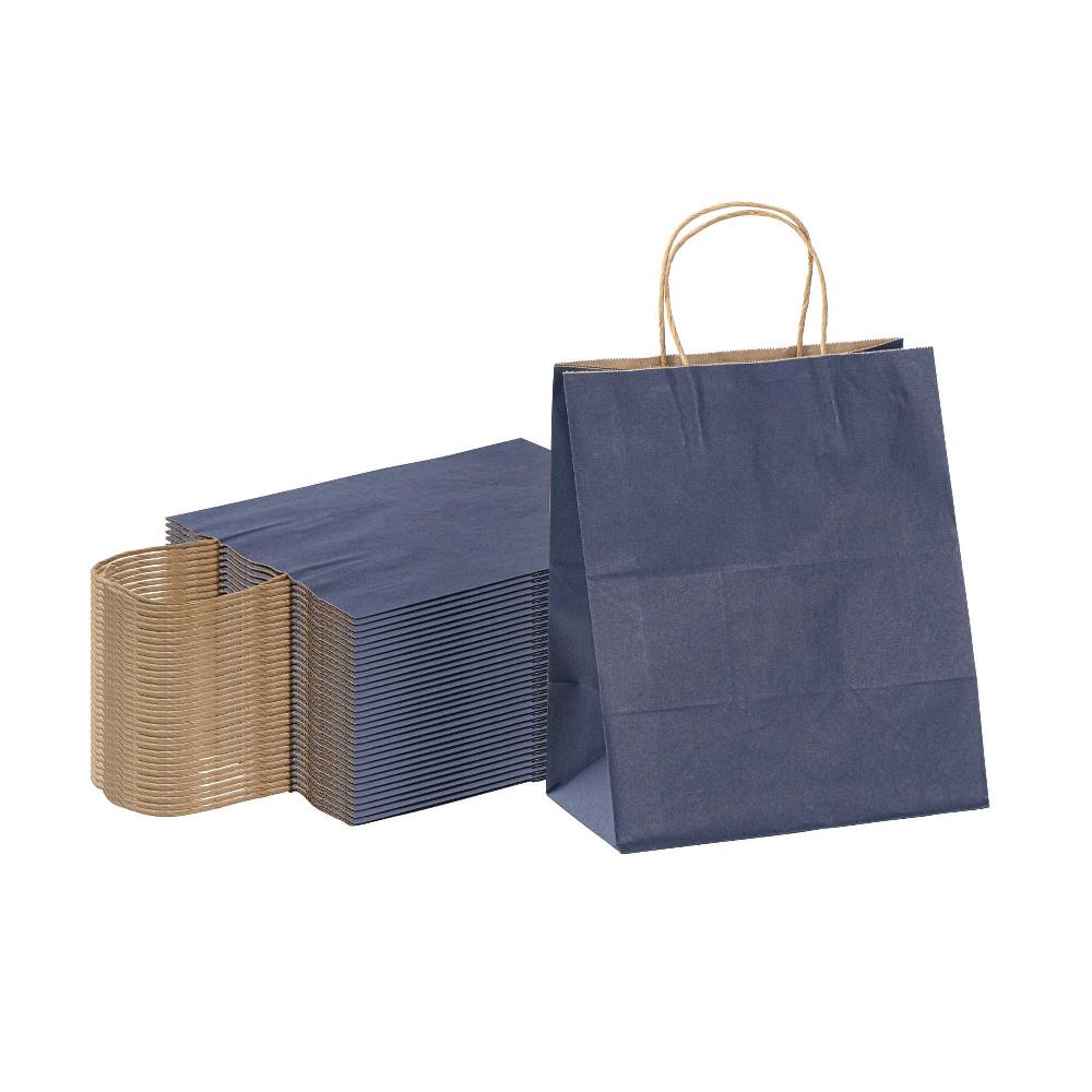 restaurantware Saving Nature Dark Blue Paper Medium Retail Bag - with Handles - 10" x 6 3/4" x 12" - 100 count box