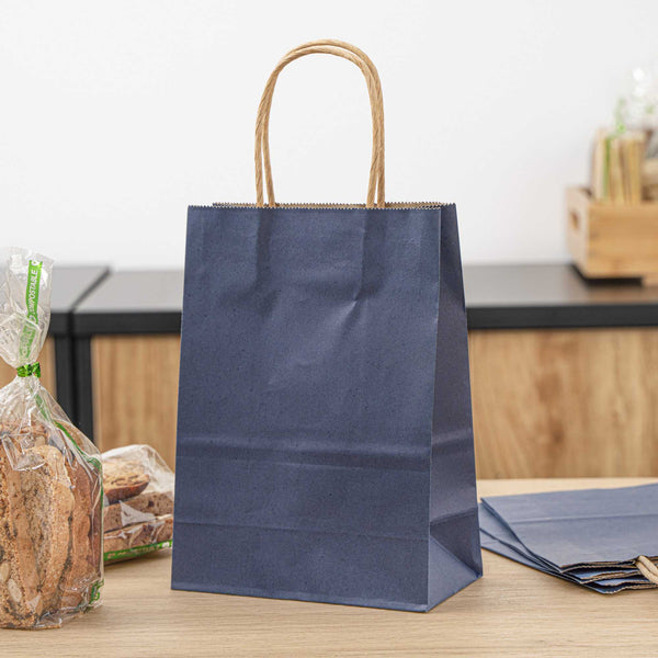 Restaurantware Saving Nature Dark Blue Paper Small Retail Bag - With Handles - 6" X 3 1/4" X 8 1/4" - 100 Count Box