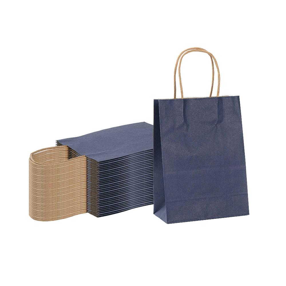 restaurantware Saving Nature Dark Blue Paper Small Retail Bag - with Handles - 6" x 3 1/4" x 8 1/4" - 100 count box