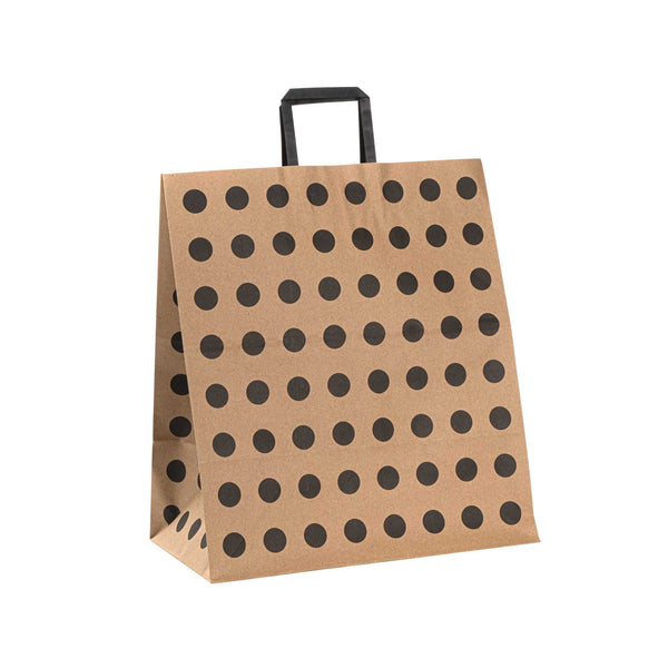 Restaurantware Saving Nature Kraft Paper Large Retail Bag - Black Polka Dot With Handles - 16" X 9 3/4" X 17 1/4" - 100 Count Box