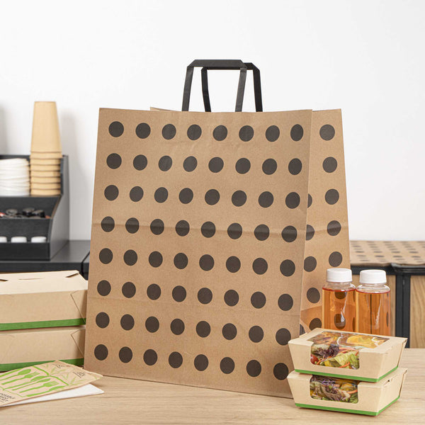Restaurantware Saving Nature Kraft Paper Large Retail Bag - Black Polka Dot With Handles - 16" X 9 3/4" X 17 1/4" - 100 Count Box