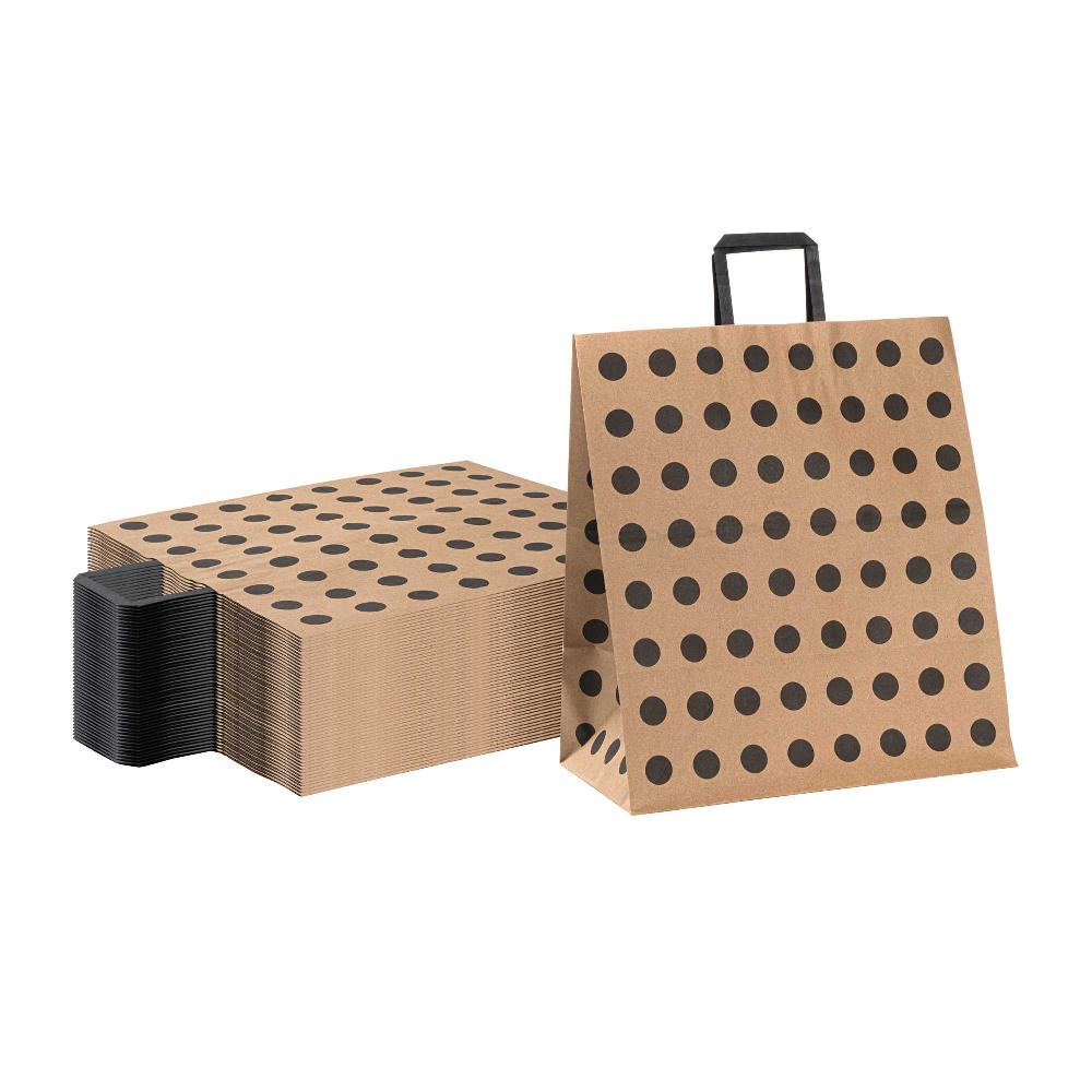 restaurantware Saving Nature Kraft Paper Large Retail Bag - Black Polka Dot with Handles - 16" x 9 3/4" x 17 1/4" - 100 count box