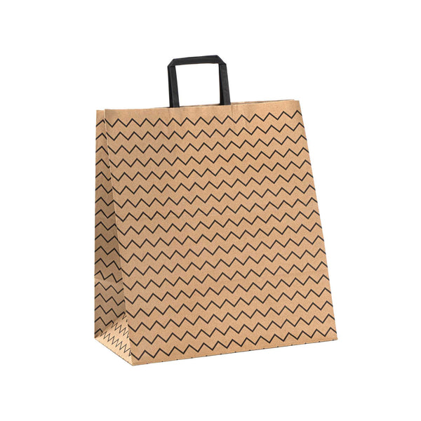 Restaurantware Saving Nature Kraft Paper Large Retail Bag - Black Zig Zag With Handles - 16" X 9 3/4" X 17 1/4" - 100 Count Box