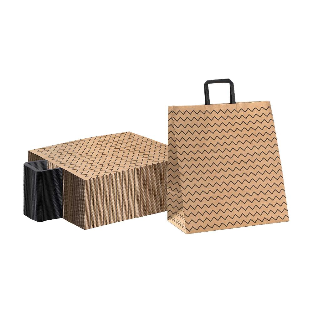 restaurantware Saving Nature Kraft Paper Large Retail Bag - Black Zig Zag with Handles - 16" x 9 3/4" x 17 1/4" - 100 count box