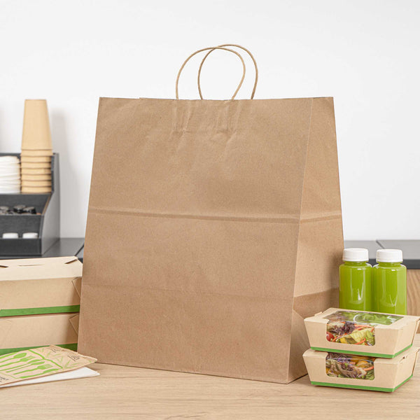 Restaurantware Saving Nature Kraft Paper Large Retail Bag - With Handles - 16" X 9 3/4" X 17 1/4" - 100 Count Box