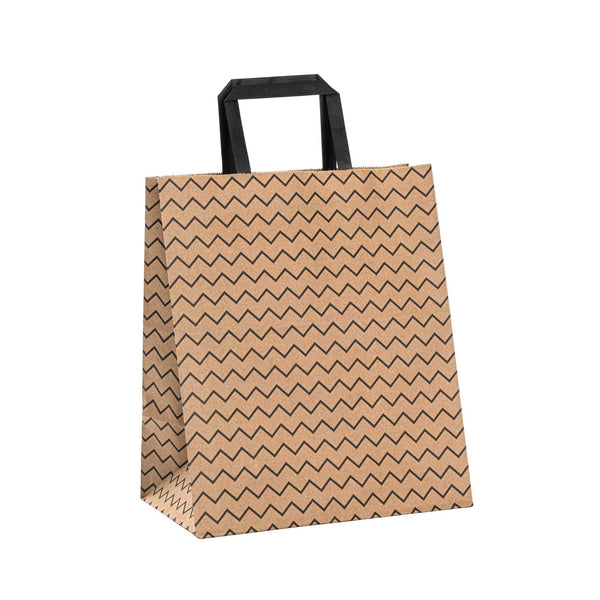 Restaurantware Saving Nature Kraft Paper Medium Retail Bag - Black Zig Zag With Handles - 10" X 6 3/4" X 12" - 100 Count Box