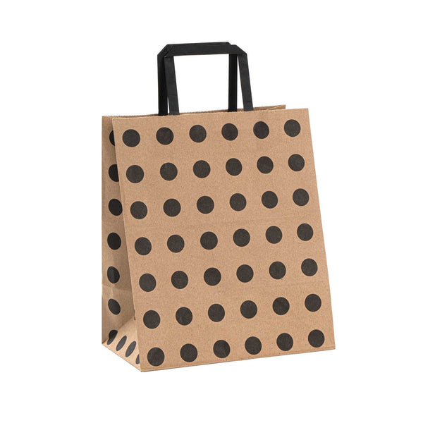 Restaurantware Saving Nature Kraft Paper Medium Retail Bag - Black Polka Dot With Handles - 10" X 6 3/4" X 12" - 100 Count Box