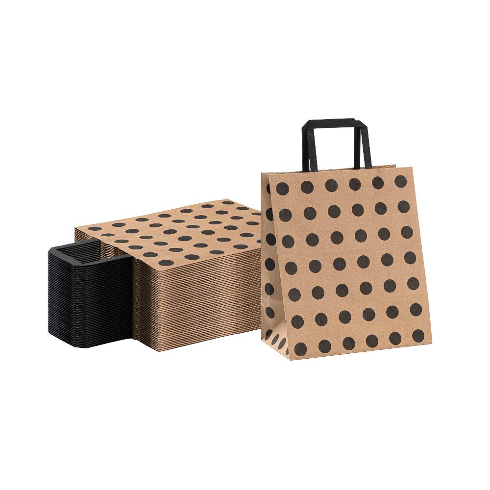 restaurantware Saving Nature Kraft Paper Medium Retail Bag - Black Polka Dot with Handles - 10" x 6 3/4" x 12" - 100 count box