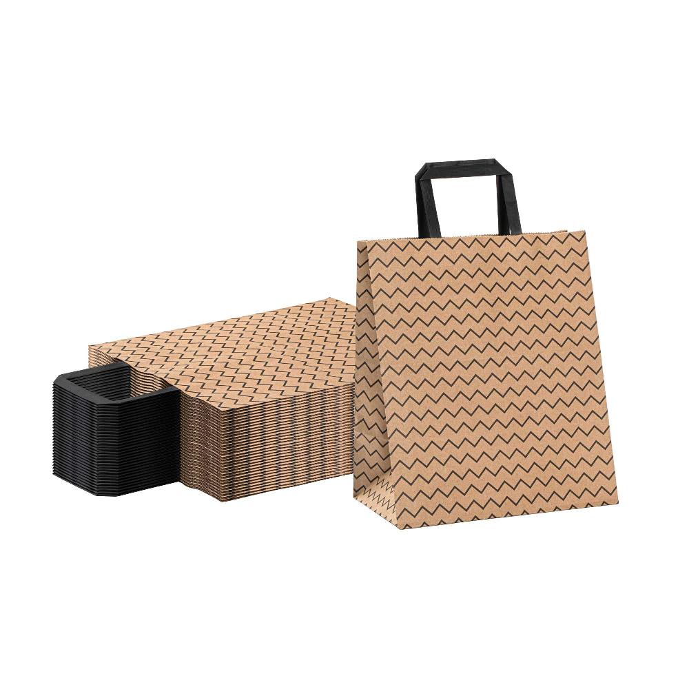 restaurantware Saving Nature Kraft Paper Medium Retail Bag - Black Zig Zag with Handles - 10" x 6 3/4" x 12" - 100 count box