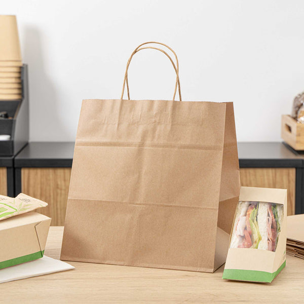 Restaurantware Saving Nature Kraft Paper Retail Bag - With Handles - 10 1/4" X 7 3/4" X 10 1/2" - 100 Count Box