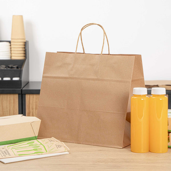 Restaurantware Saving Nature Kraft Paper Retail Bag - With Handles - 12 1/2" X 8 1/4" X 11 1/4" - 100 Count Box
