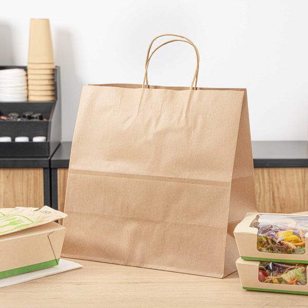 Restaurantware Saving Nature Kraft Paper Retail Bag - With Handles - 12 1/2" X 6 1/4" X 12 1/4" - 100 Count Box