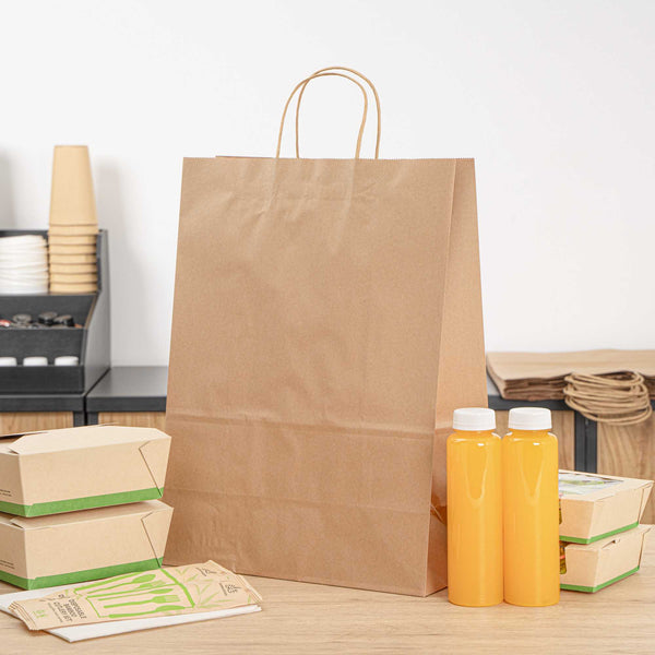 Restaurantware Saving Nature Kraft Paper Retail Bag - With Handles - 12 1/2" X 6 1/4" X 17" - 100 Count Box