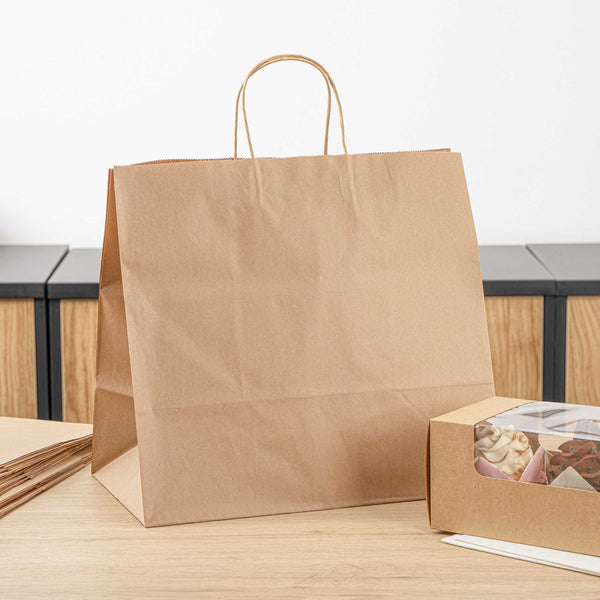 Restaurantware Saving Nature Kraft Paper Retail Bag - With Handles - 14 1/4" X 8 1/4" X 13 1/4" - 100 Count Box