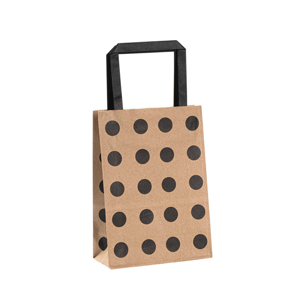 Restaurantware Saving Nature Kraft Paper Small Retail Bag - Black Polka Dot With Handles - 6" X 3 1/4" X 8 1/4" - 100 Count Box