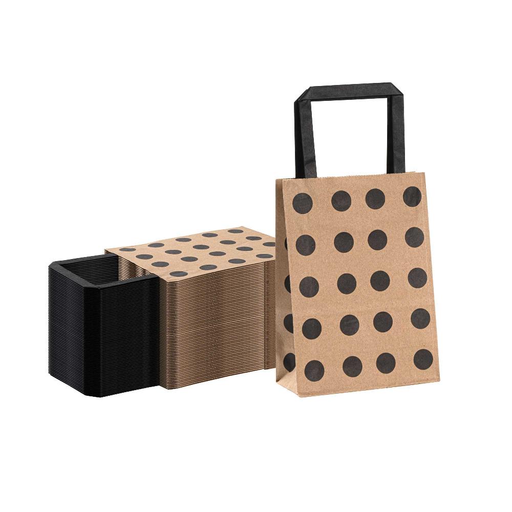 restaurantware Saving Nature Kraft Paper Small Retail Bag - Black Polka Dot with Handles - 6" x 3 1/4" x 8 1/4" - 100 count box