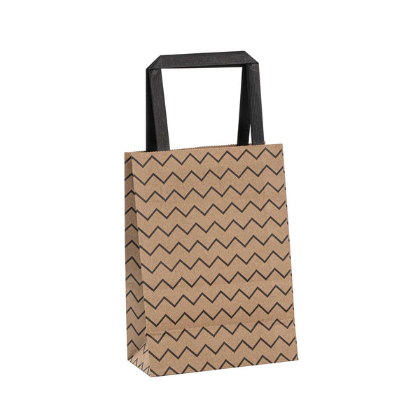 Restaurantware Saving Nature Kraft Paper Small Retail Bag - Black Zig Zag With Handles - 6" X 3 1/4" X 8 1/4" - 100 Count Box
