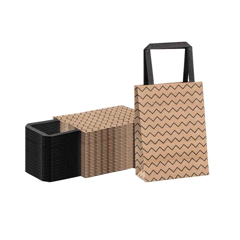 restaurantware Saving Nature Kraft Paper Small Retail Bag - Black Zig Zag with Handles - 6" x 3 1/4" x 8 1/4" - 100 count box