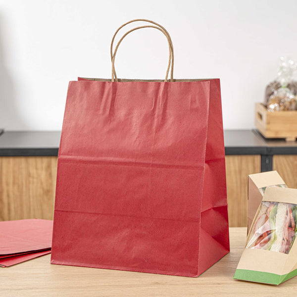 Restaurantware Saving Nature Red Paper Medium Retail Bag - With Handles - 10" X 6 3/4" X 12" - 100 Count Box