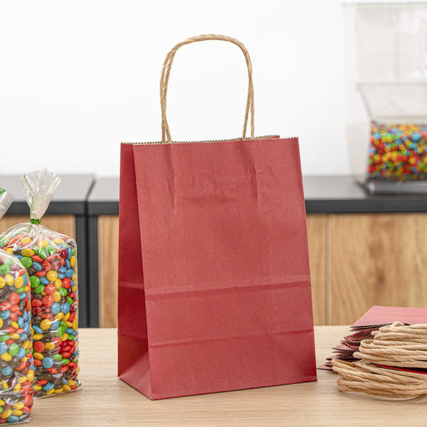 Restaurantware Saving Nature Red Paper Small Retail Bag - With Handles - 6" X 3 1/4" X 8 1/4" - 100 Count Box