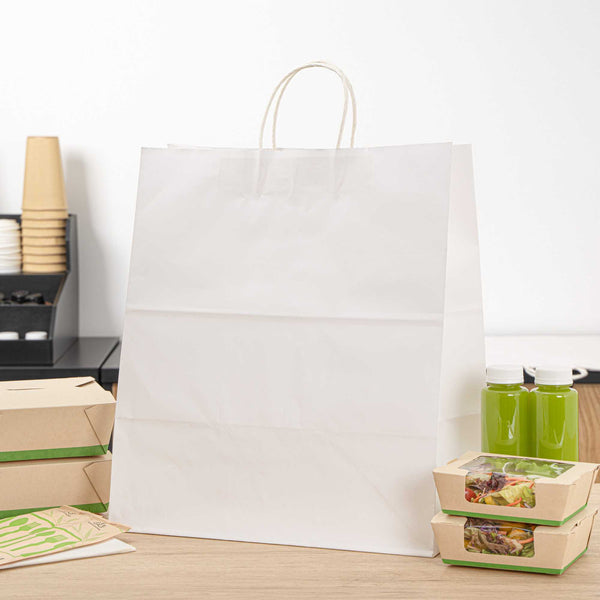 Restaurantware Saving Nature White Paper Large Retail Bag - With Handles - 16" X 9 3/4" X 17 1/4" - 100 Count Box