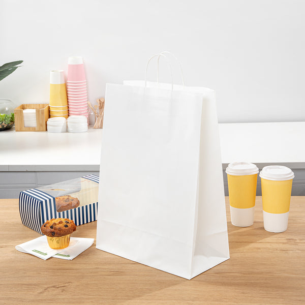 Restaurantware Saving Nature White Paper Retail Bag - With Handles - 12 1/2" X 6 1/4" X 17" - 100 Count Box