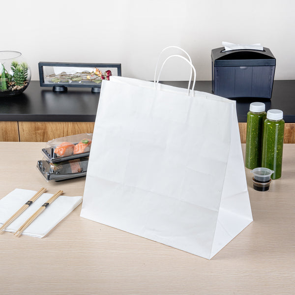 Restaurantware Saving Nature White Paper Retail Bag - With Handles - 14 1/4" X 8 1/4" X 13 1/4" - 100 Count Box