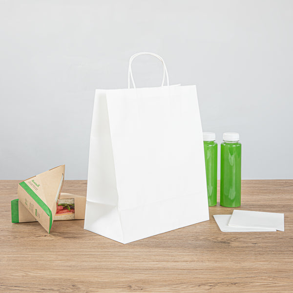 Restaurantware Saving Nature White Paper Retail Bag - With Handles - 10 1/4" X 5 1/2" X 12 1/2" - 100 Count Box