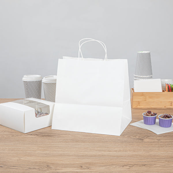 Restaurantware Saving Nature White Paper Retail Bag - With Handles - 10 1/4" X 7 3/4" X 10 1/2" - 100 Count Box