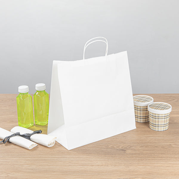 Restaurantware Saving Nature White Paper Retail Bag - With Handles - 12 1/2" X 6 1/4" X 12 1/4" - 100 Count Box