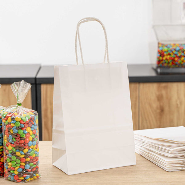 Restaurantware Saving Nature White Paper Small Retail Bag - With Handles - 6" X 3 1/4" X 8 1/4" - 100 Count Box